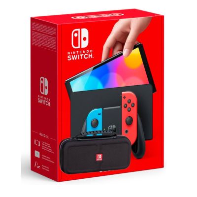 Ігрова консоль Nintendo Switch (OLED model) Neon Blue-Red + Чохол Deluxe Travel Case (Black) + Захисне скло