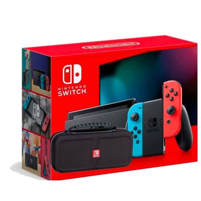 Ігрова консоль Nintendo Switch Neon Blue-Red (Upgraded version) + Чохол Deluxe Travel Case (Black) + Захисне скло