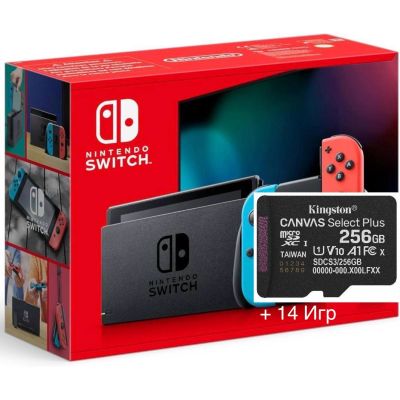 Игровая консоль Nintendo Switch Neon Blue-Red (Upgraded version) + Карта памяти 256Gb + 14 игр