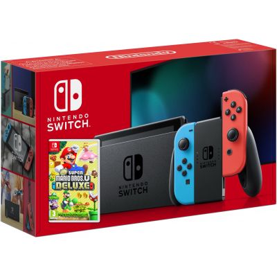 Nintendo Switch Neon Blue-Red (Upgraded version) + Игра New Super Mario Bros. U Deluxe (русская версия)