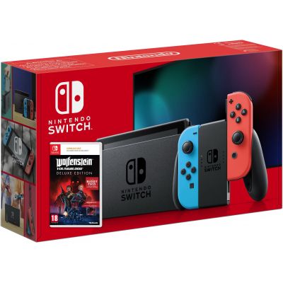 Nintendo Switch Neon Blue-Red (Upgraded version) + Гра Wolfenstein: Youngblood Deluxe Edition (ваучер на скачування) (російська версія)